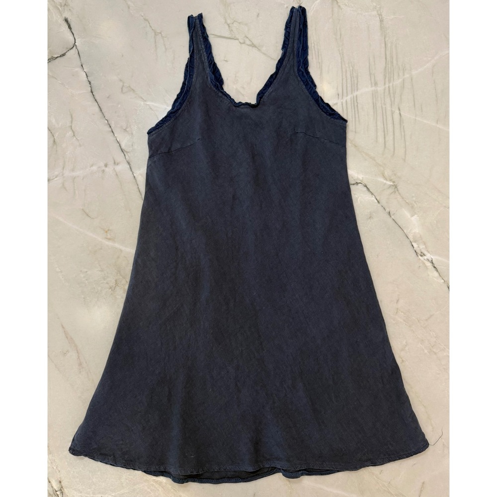 Meo Meli Italy Navy 100% Linen Ruffle Trim V-Neck A-Line Midi Dress One Size‎